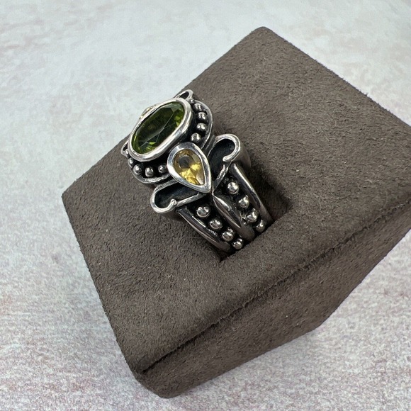 Green‎ Yellow Sterling Silver Ring Boho Vintage Bold Statement Size 9 Glass - Picture 2 of 11